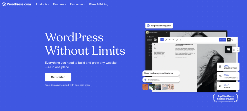 WordPress CMS showcasing unlimited customization options, including tools for layouts, text, and visuals, with 24/7 support and server uptime guarantees.